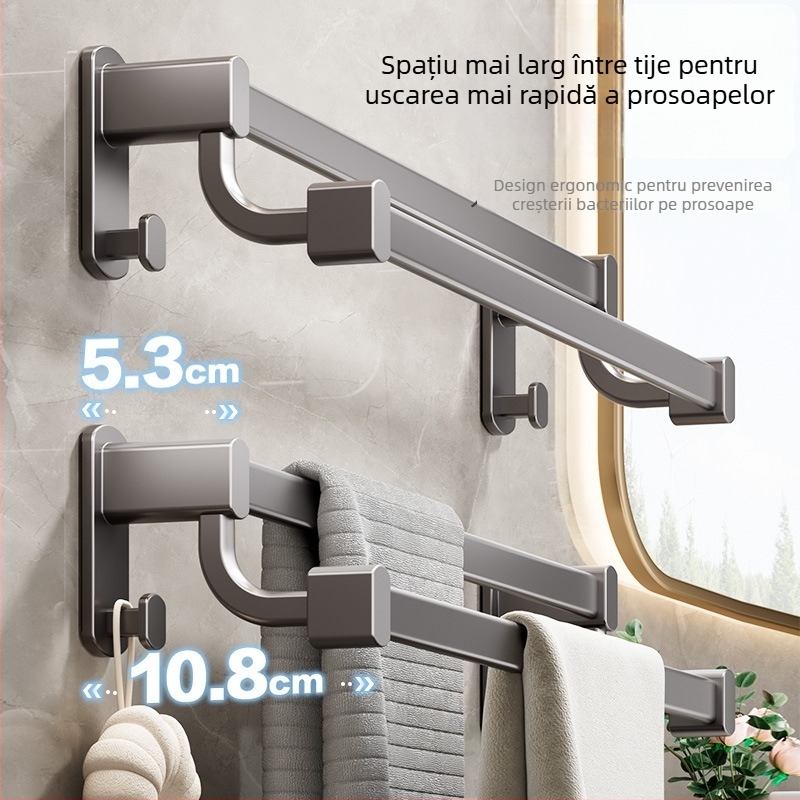 Suport de prosoape pentru perete, cu două bare din aliaj de aluminiu, montaj fără găuri, capacitate de încărcare 20 kg