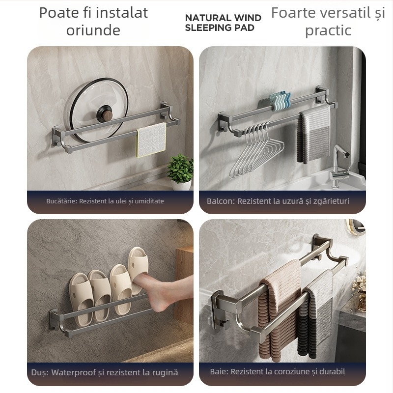 Suport de prosoape pentru perete, cu două bare din aliaj de aluminiu, montaj fără găuri, capacitate de încărcare 20 kg