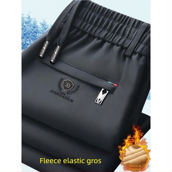 Pantaloni de iarnă pentru bărbați, talie elastică, căptușeală din fleece, croială dreaptă, țesătură Cupro fibră