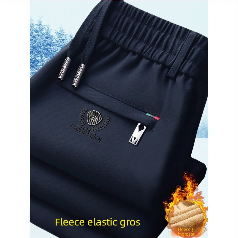 Pantaloni de iarnă pentru bărbați, talie elastică, căptușeală din fleece, croială dreaptă, țesătură Cupro fibră