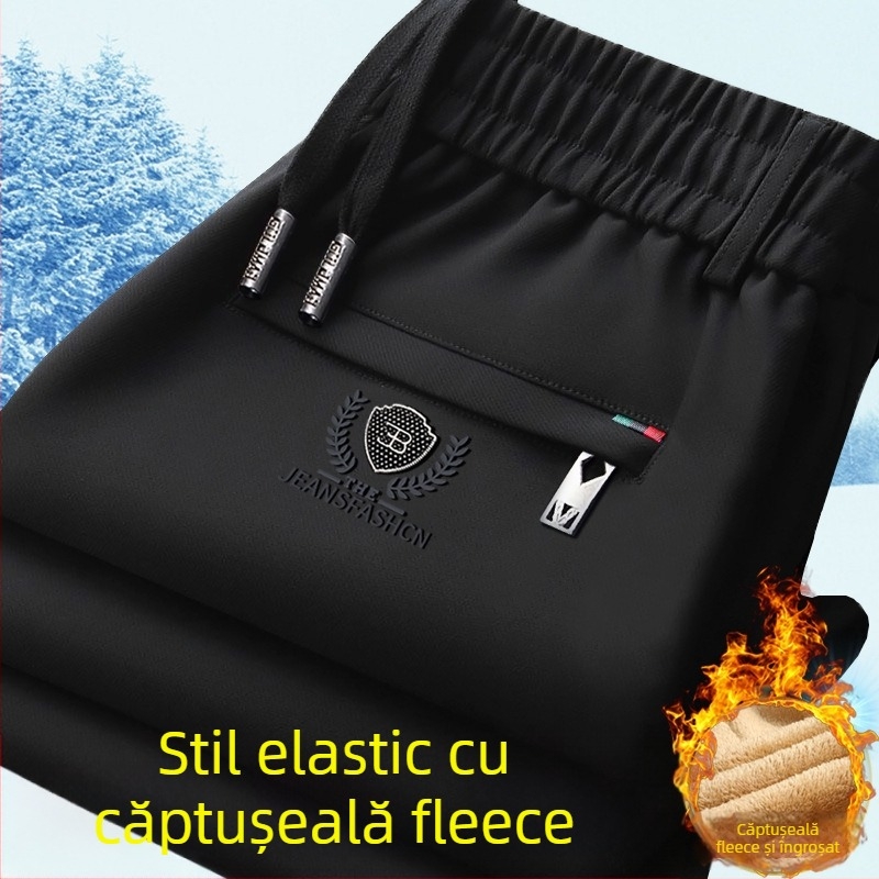 Pantaloni de iarnă pentru bărbați, talie elastică, căptușeală din fleece, croială dreaptă, țesătură Cupro fibră