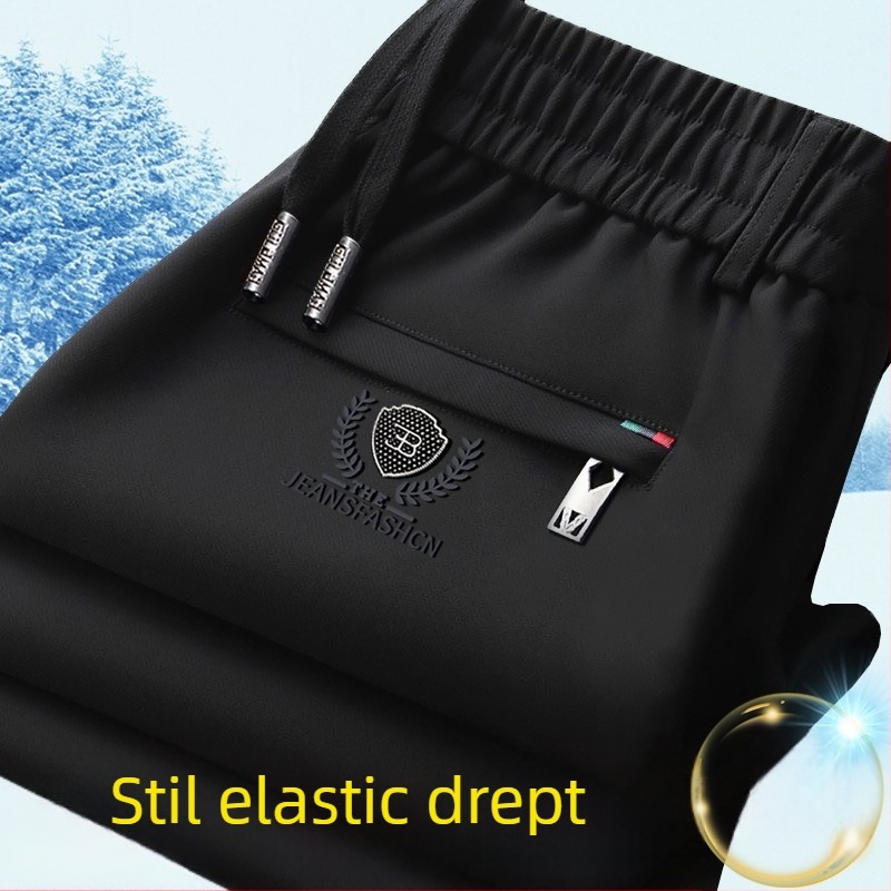 Pantaloni de iarnă pentru bărbați, talie elastică, căptușeală din fleece, croială dreaptă, țesătură Cupro fibră