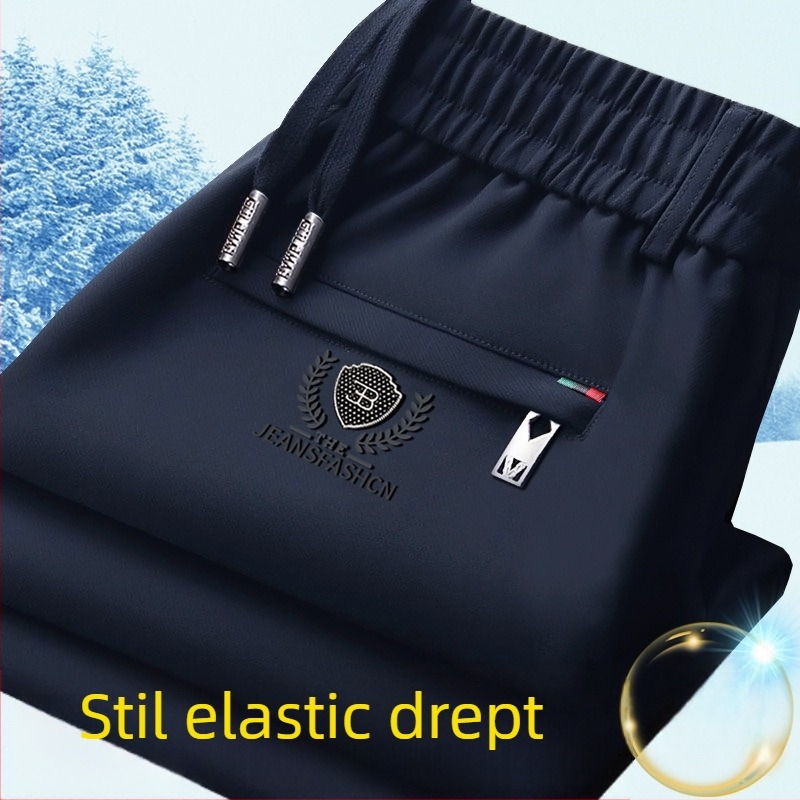 Pantaloni de iarnă pentru bărbați, talie elastică, căptușeală din fleece, croială dreaptă, țesătură Cupro fibră