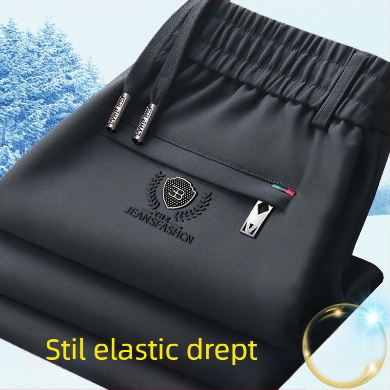 Pantaloni de iarnă pentru bărbați, talie elastică, căptușeală din fleece, croială dreaptă, țesătură Cupro fibră