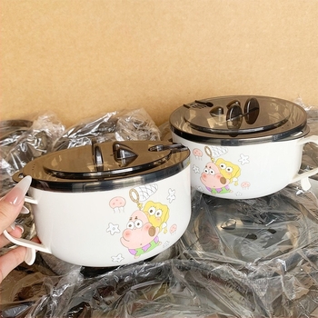 Bol din oțel inoxidabil pentru instant noodles cu capac, design drenabil, capacitate mare, compatibil cu cuptorul cu microunde, construcție dintr-o singură piesă