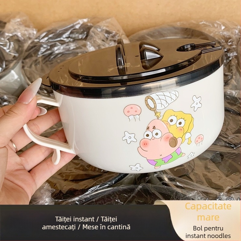Bol din oțel inoxidabil pentru instant noodles cu capac, design drenabil, capacitate mare, compatibil cu cuptorul cu microunde, construcție dintr-o singură piesă