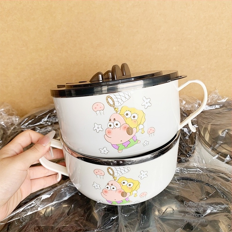 Bol din oțel inoxidabil pentru instant noodles cu capac, design drenabil, capacitate mare, compatibil cu cuptorul cu microunde, construcție dintr-o singură piesă