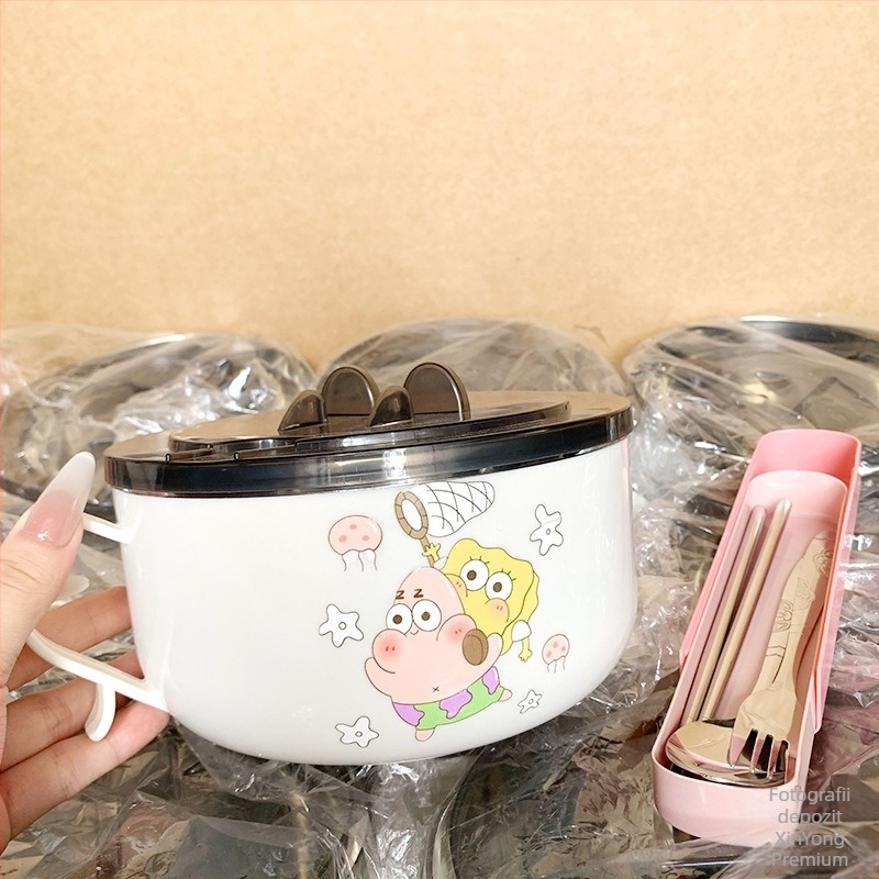 Bol din oțel inoxidabil pentru instant noodles cu capac, design drenabil, capacitate mare, compatibil cu cuptorul cu microunde, construcție dintr-o singură piesă