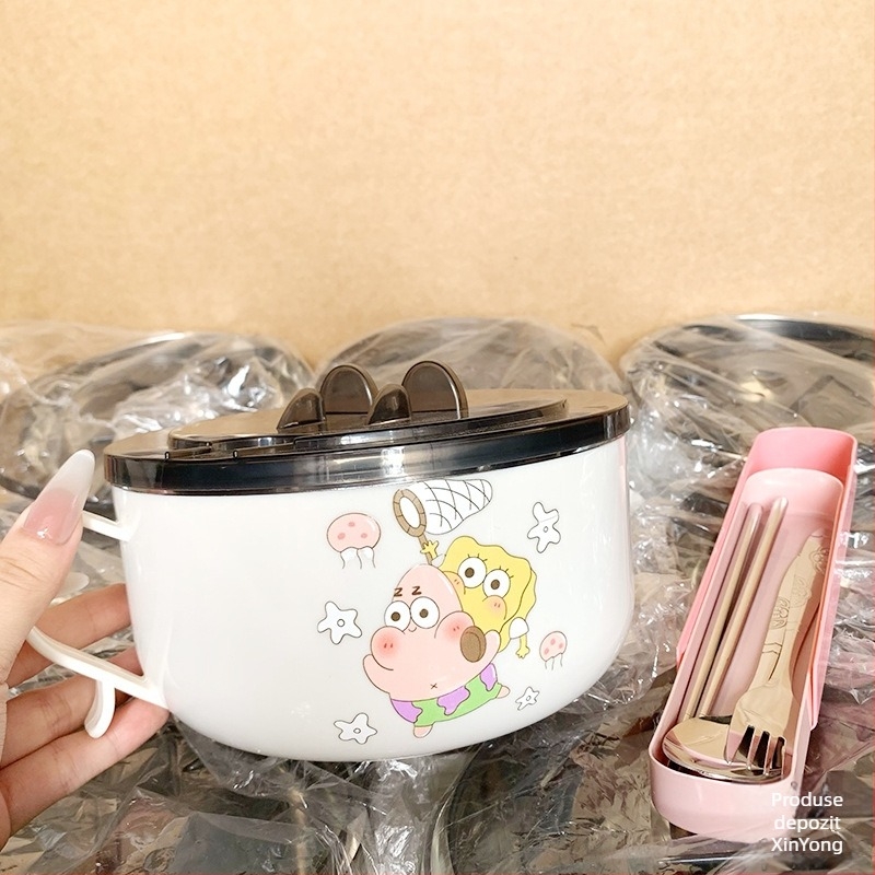 Bol din oțel inoxidabil pentru instant noodles cu capac, design drenabil, capacitate mare, compatibil cu cuptorul cu microunde, construcție dintr-o singură piesă