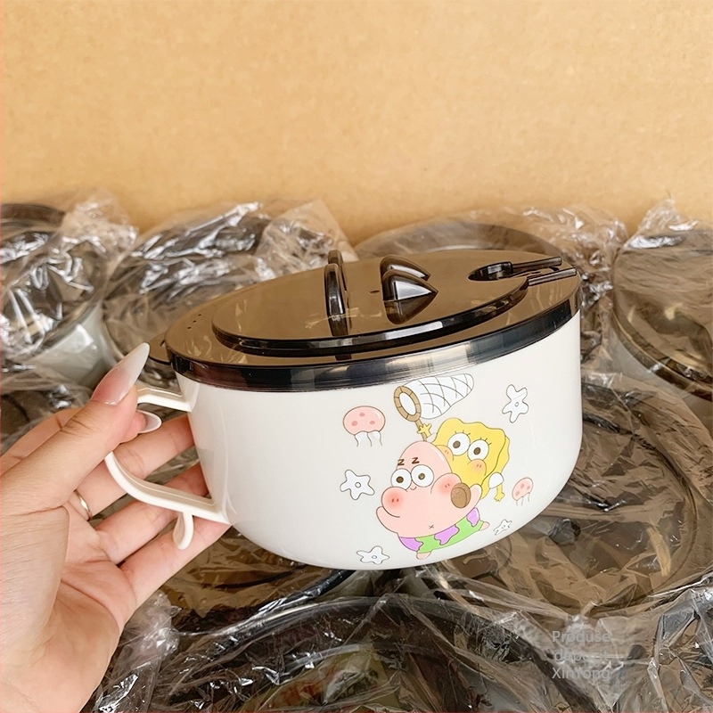 Bol din oțel inoxidabil pentru instant noodles cu capac, design drenabil, capacitate mare, compatibil cu cuptorul cu microunde, construcție dintr-o singură piesă