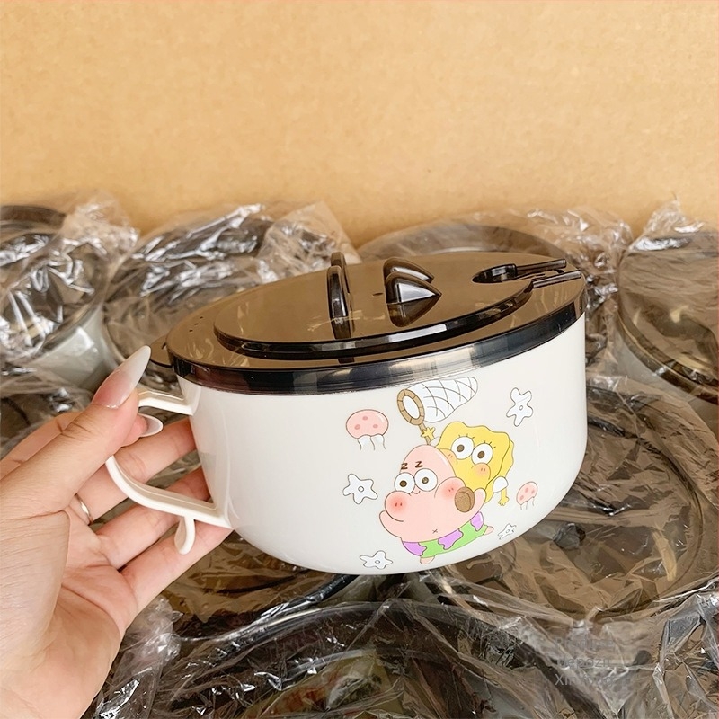 Bol din oțel inoxidabil pentru instant noodles cu capac, design drenabil, capacitate mare, compatibil cu cuptorul cu microunde, construcție dintr-o singură piesă