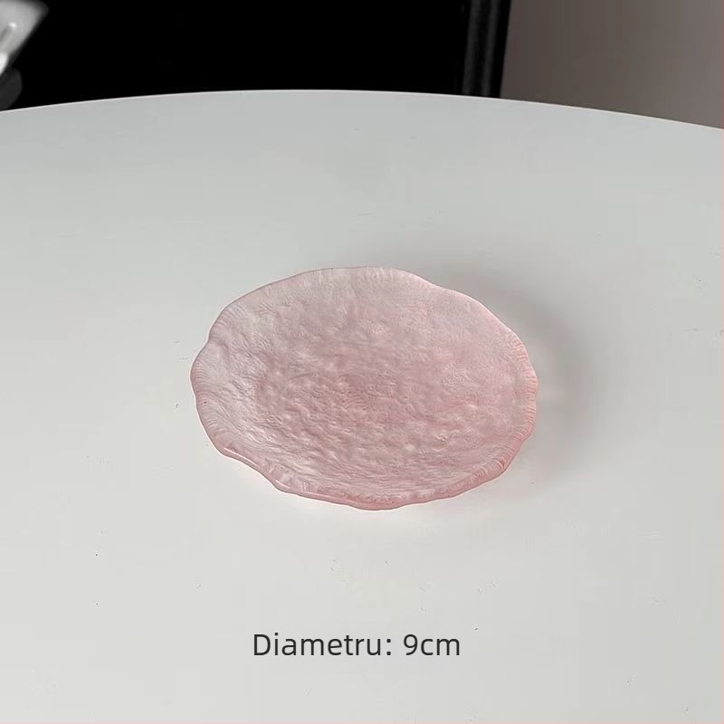 Farfurie din sticlă roz, asimetrică - rotundă, cu design gradient, stil modern minimalist