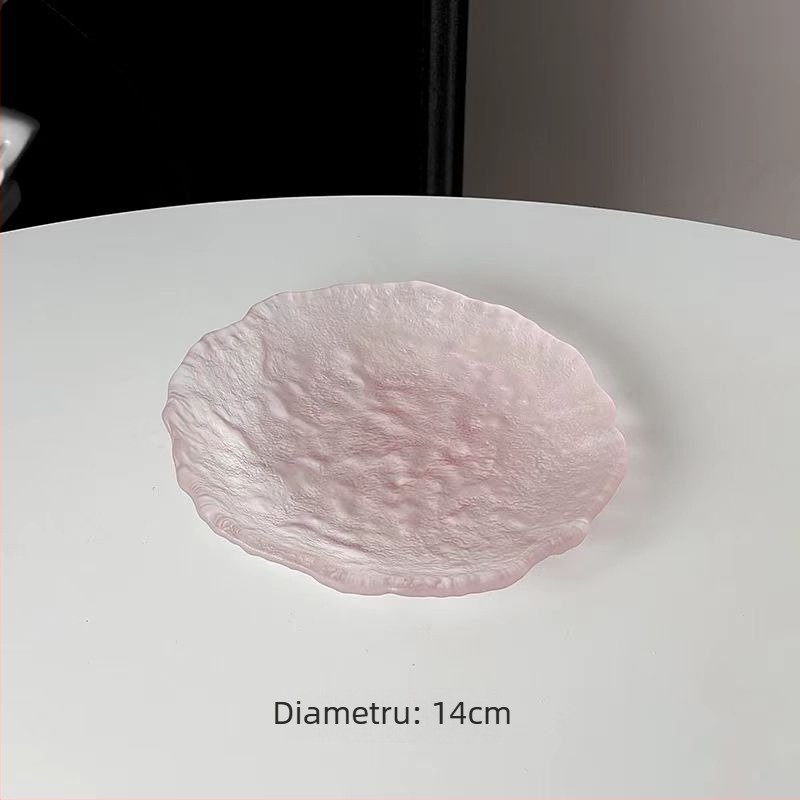 Farfurie din sticlă roz, asimetrică - rotundă, cu design gradient, stil modern minimalist