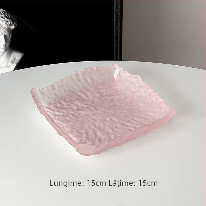 Farfurie din sticlă roz, asimetrică - rotundă, cu design gradient, stil modern minimalist