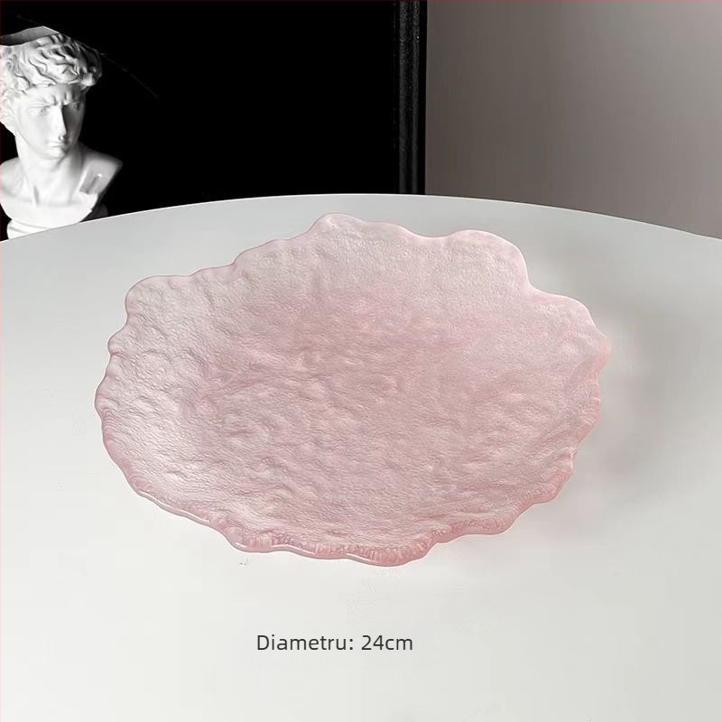 Farfurie din sticlă roz, asimetrică - rotundă, cu design gradient, stil modern minimalist