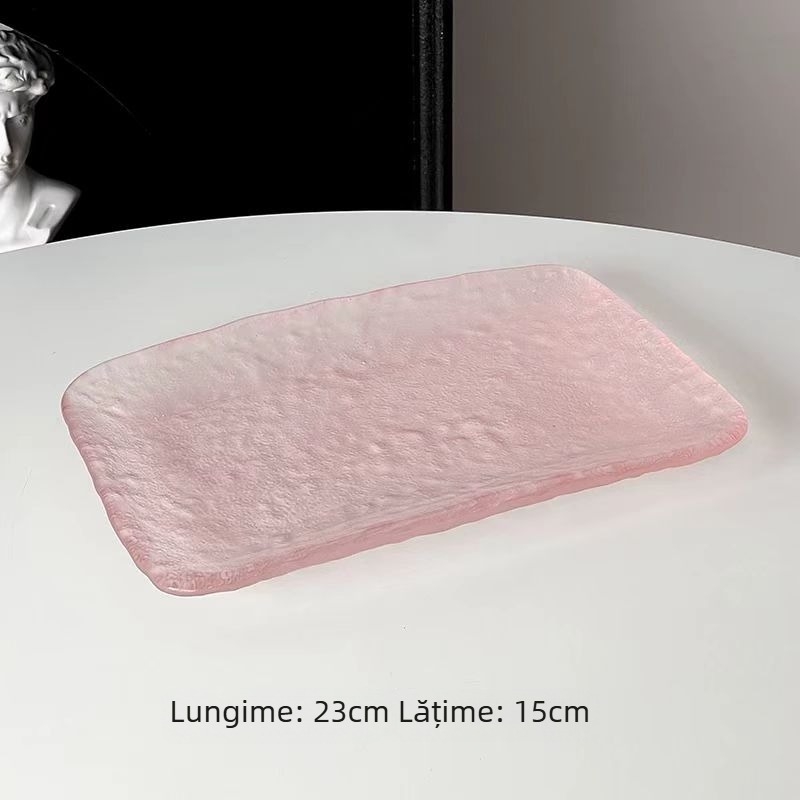 Farfurie din sticlă roz, asimetrică - rotundă, cu design gradient, stil modern minimalist