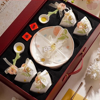 Set ceramic de veselă de masă cu model plante și flori, formă neregulată, stil proaspăt și drăguț, finisaj subglazurat