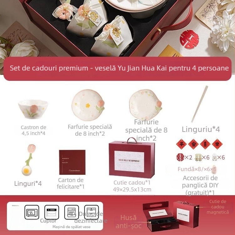 Set ceramic de veselă de masă cu model plante și flori, formă neregulată, stil proaspăt și drăguț, finisaj subglazurat