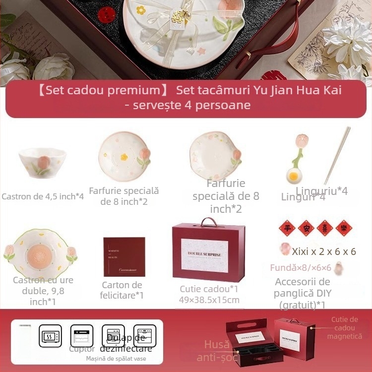 Set ceramic de veselă de masă cu model plante și flori, formă neregulată, stil proaspăt și drăguț, finisaj subglazurat