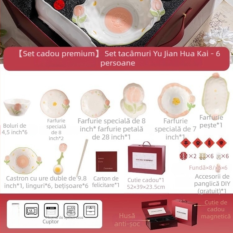 Set ceramic de veselă de masă cu model plante și flori, formă neregulată, stil proaspăt și drăguț, finisaj subglazurat