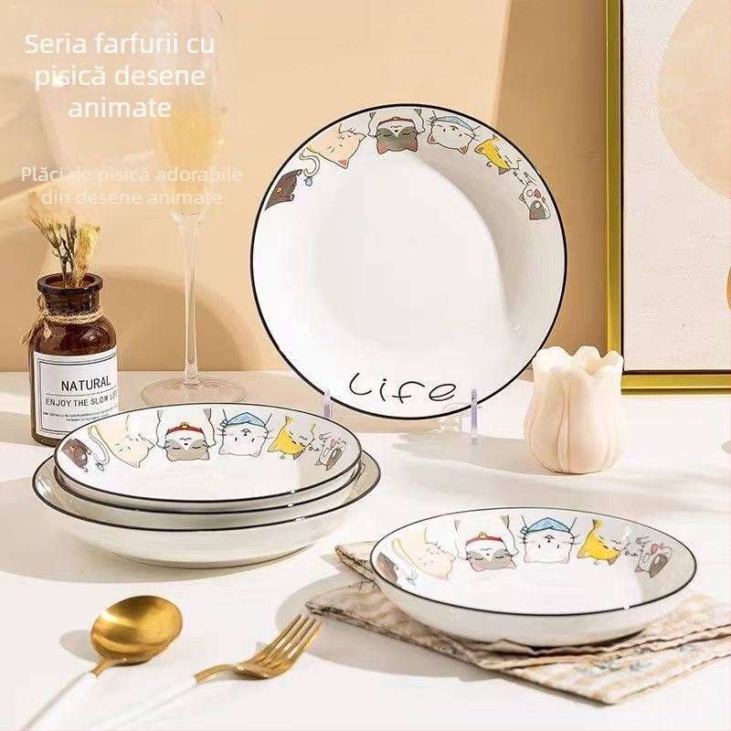 Set ceramic pentru gospodărie: bol de orez, farfurie cu pește și farfurie cu fructe, model desen animat, stil modern minimalist, formă rotundă, compatibil cu microunde
