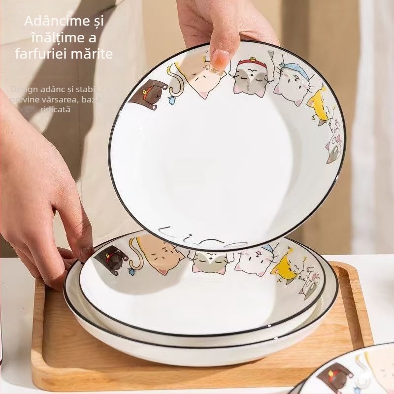 Set ceramic pentru gospodărie: bol de orez, farfurie cu pește și farfurie cu fructe, model desen animat, stil modern minimalist, formă rotundă, compatibil cu microunde