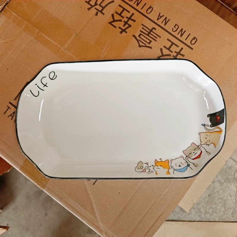 Set ceramic pentru gospodărie: bol de orez, farfurie cu pește și farfurie cu fructe, model desen animat, stil modern minimalist, formă rotundă, compatibil cu microunde