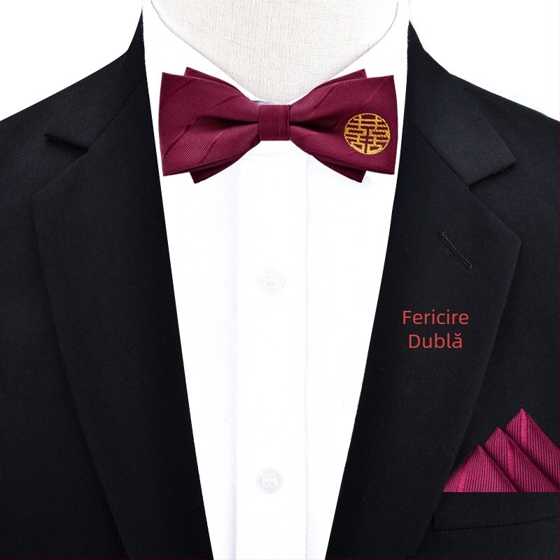 Papion trei piese, set cu batistă de buzunar și boutonniere • poliester • stil masculin • lățime standard