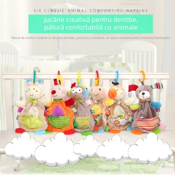 Jucărie de pluș zornăitoare pentru bebeluși nou-născuți — mușcabilă, cu buzunar de confort, stimulează dezvoltarea intelectuală, vederea, târârea, coordonarea mână-ochi, dezvoltarea senzorială
