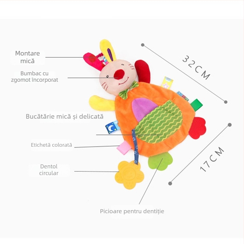 Jucărie de pluș zornăitoare pentru bebeluși nou-născuți — mușcabilă, cu buzunar de confort, stimulează dezvoltarea intelectuală, vederea, târârea, coordonarea mână-ochi, dezvoltarea senzorială
