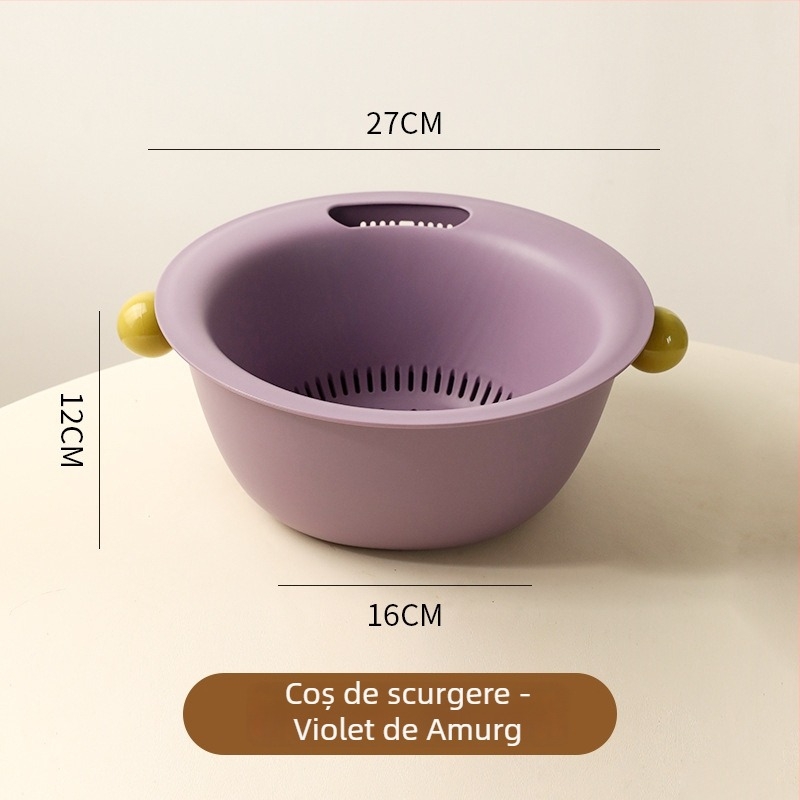 Recipient dublu de spălat fructe și legume, coș din plastic multifuncțional, stil modern minimalist