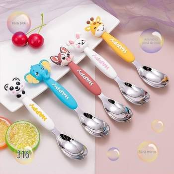 Lingură pentru copii, cu mâner lung, design animal de desen animat, din oțel inoxidabil 316, finisaj lucios