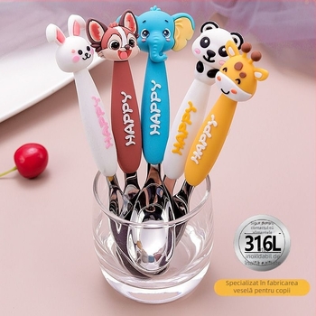 Lingură pentru copii, cu mâner lung, design animal de desen animat, din oțel inoxidabil 316, finisaj lucios