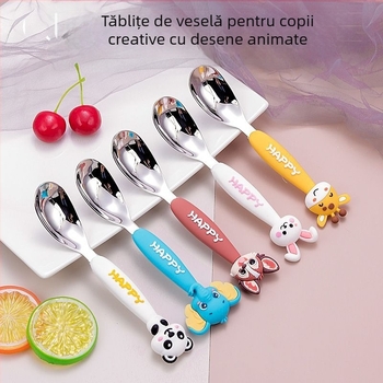 Lingură pentru copii, cu mâner lung, design animal de desen animat, din oțel inoxidabil 316, finisaj lucios
