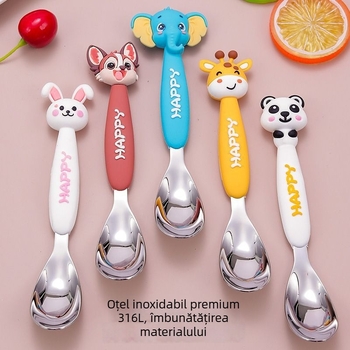 Lingură pentru copii, cu mâner lung, design animal de desen animat, din oțel inoxidabil 316, finisaj lucios