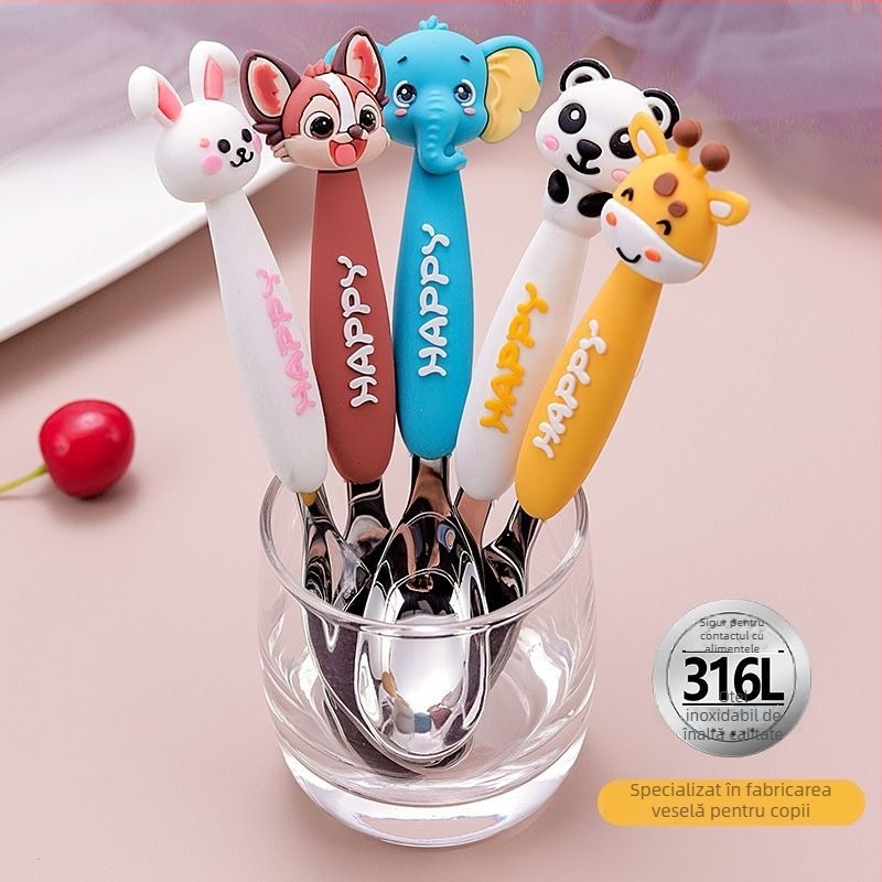 Lingură pentru copii, cu mâner lung, design animal de desen animat, din oțel inoxidabil 316, finisaj lucios
