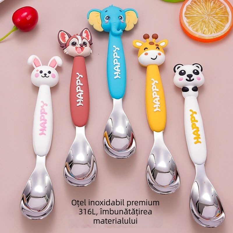 Lingură pentru copii, cu mâner lung, design animal de desen animat, din oțel inoxidabil 316, finisaj lucios