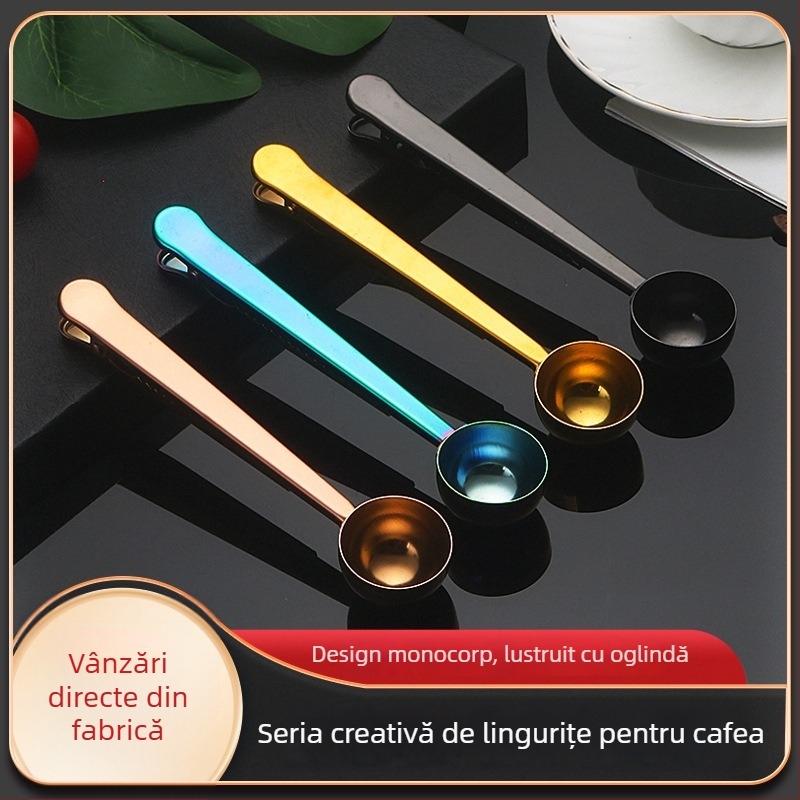 Lingură măsurătoare din oțel inoxidabil pentru lapte și cafea, finisaj oglindă, multifuncțională cu clemă sigilare ceaiului