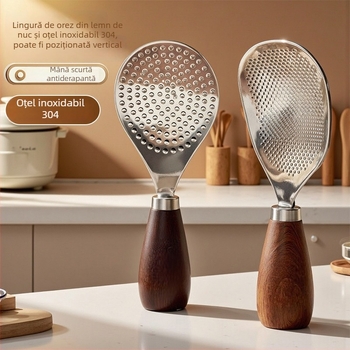 Lingură de orez, oțel inoxidabil 304, mâner din lemn, suport vertical, antiaderent