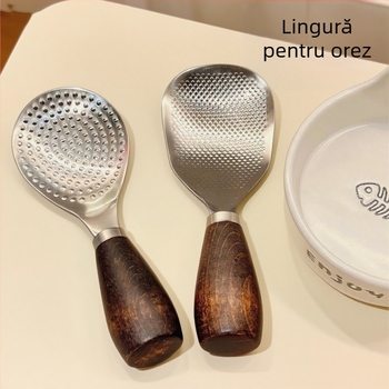 Lingură de orez, oțel inoxidabil 304, mâner din lemn, suport vertical, antiaderent