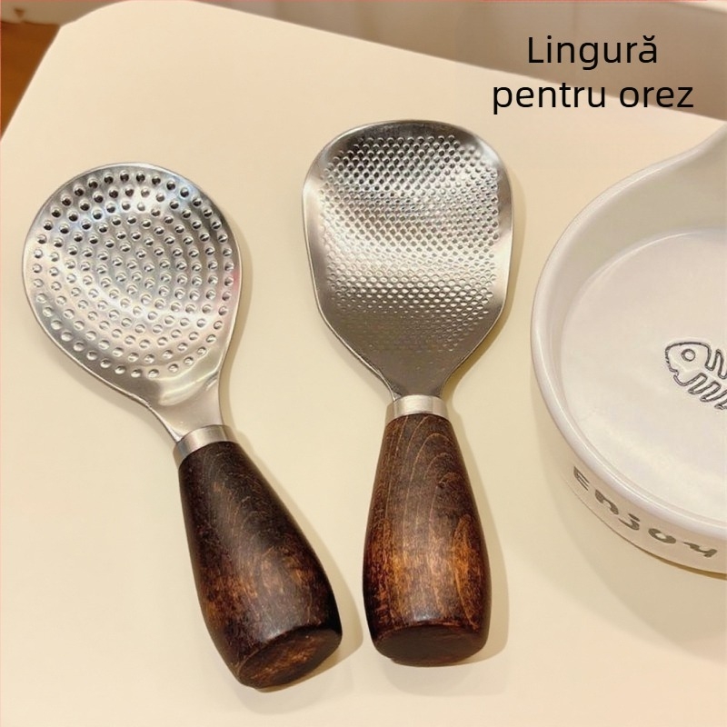 Lingură de orez, oțel inoxidabil 304, mâner din lemn, suport vertical, antiaderent