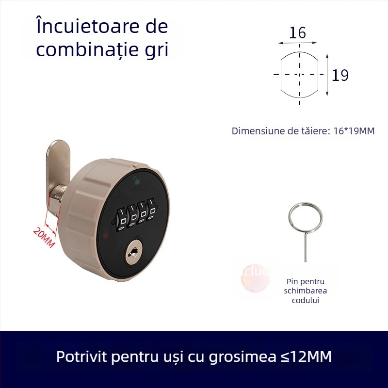Încuietoare mecanică pentru dulap cu combinație numerică, ABS+ aliaj de zinc, universal pentru dulapuri din lemn și metal, model 660329