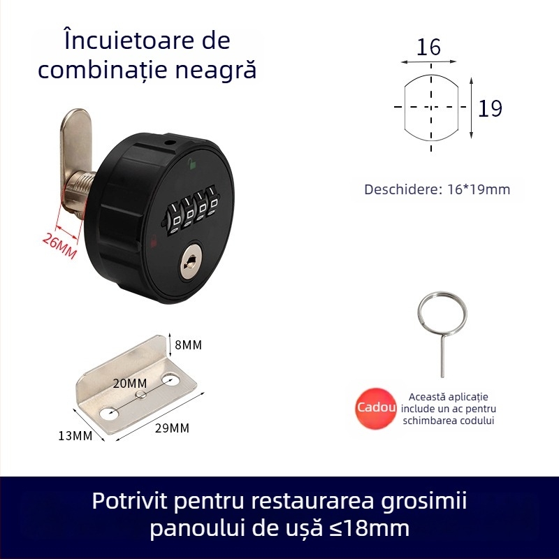 Încuietoare mecanică pentru dulap cu combinație numerică, ABS+ aliaj de zinc, universal pentru dulapuri din lemn și metal, model 660329