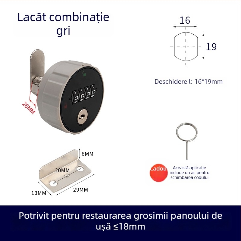 Încuietoare mecanică pentru dulap cu combinație numerică, ABS+ aliaj de zinc, universal pentru dulapuri din lemn și metal, model 660329