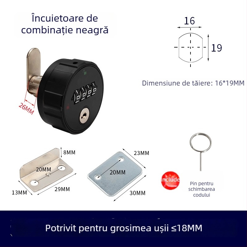 Încuietoare mecanică pentru dulap cu combinație numerică, ABS+ aliaj de zinc, universal pentru dulapuri din lemn și metal, model 660329