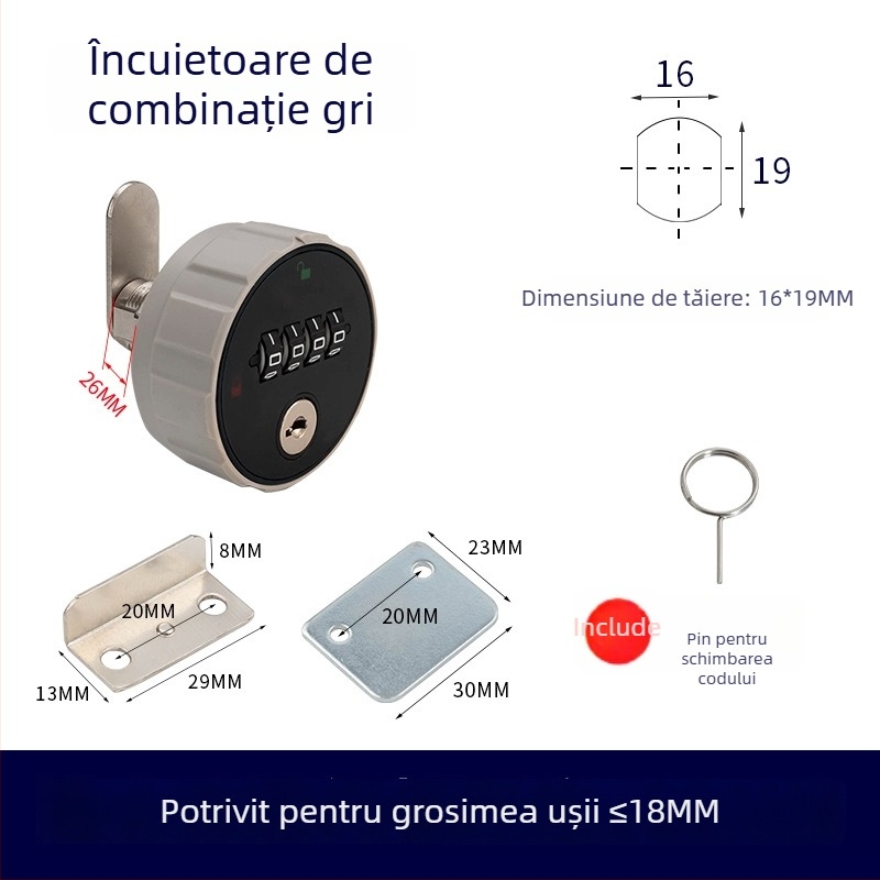 Încuietoare mecanică pentru dulap cu combinație numerică, ABS+ aliaj de zinc, universal pentru dulapuri din lemn și metal, model 660329