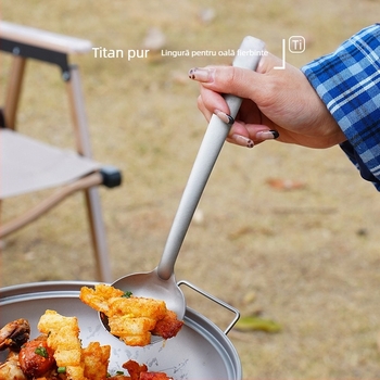 Lingură de gătit din titan pur, mâner lung — anti-alunecare, rezistență la temperaturi înalte, protecție împotriva arsurilor