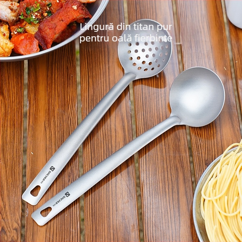 Lingură de gătit din titan pur, mâner lung — anti-alunecare, rezistență la temperaturi înalte, protecție împotriva arsurilor