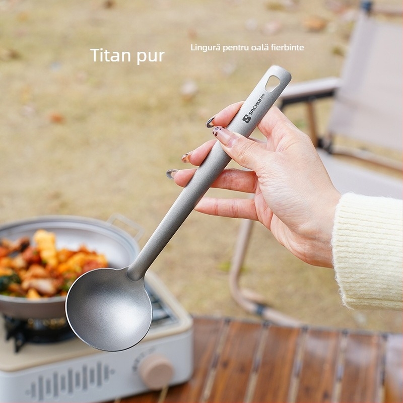 Lingură de gătit din titan pur, mâner lung — anti-alunecare, rezistență la temperaturi înalte, protecție împotriva arsurilor