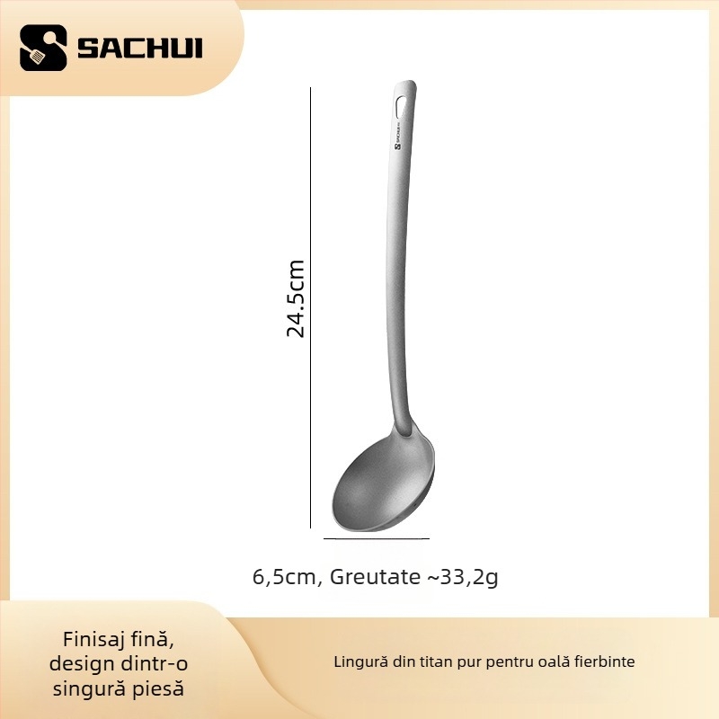 Lingură de gătit din titan pur, mâner lung — anti-alunecare, rezistență la temperaturi înalte, protecție împotriva arsurilor